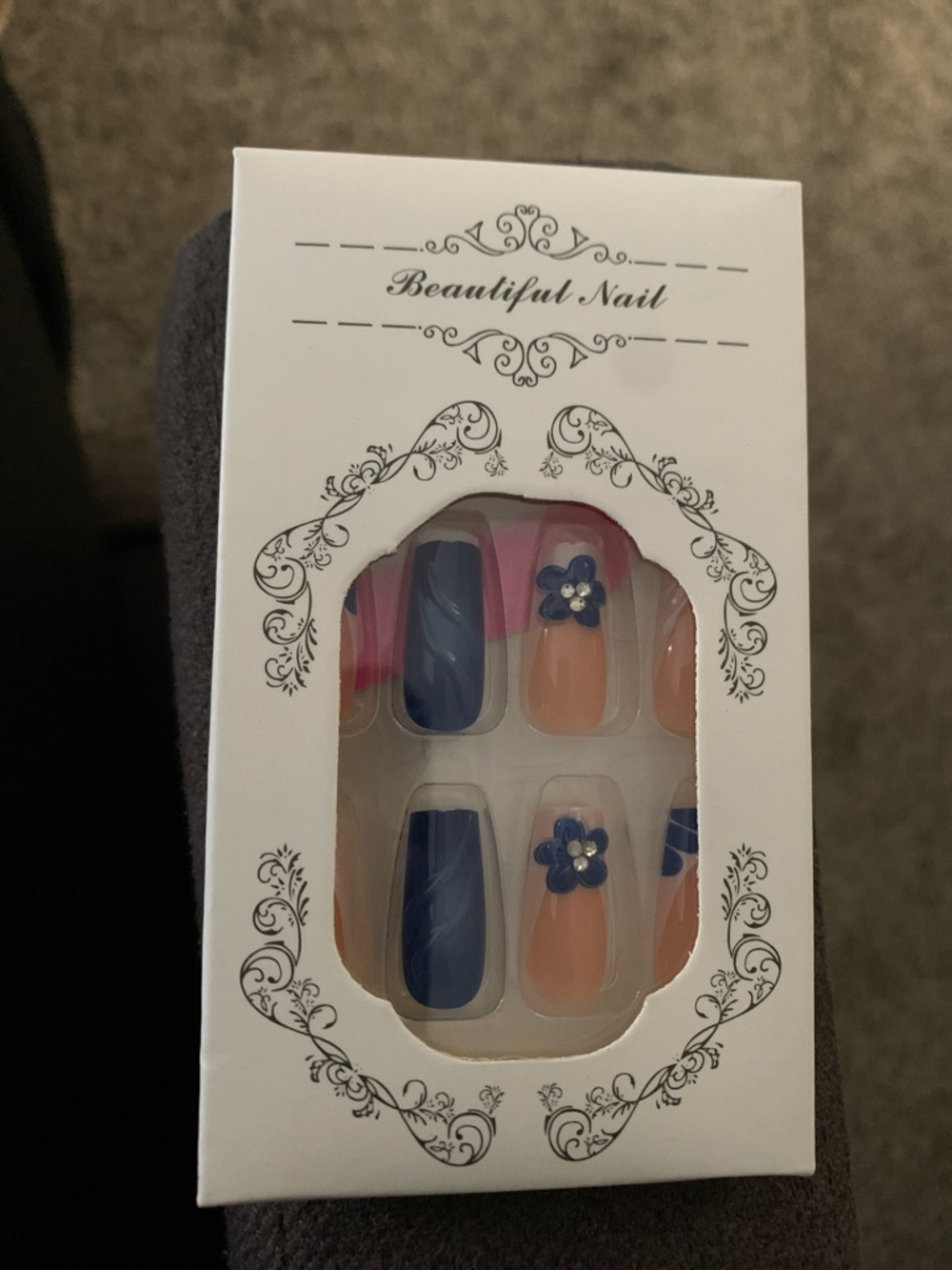Beautiful Nail Blue & Peach Floral Press-On Nails